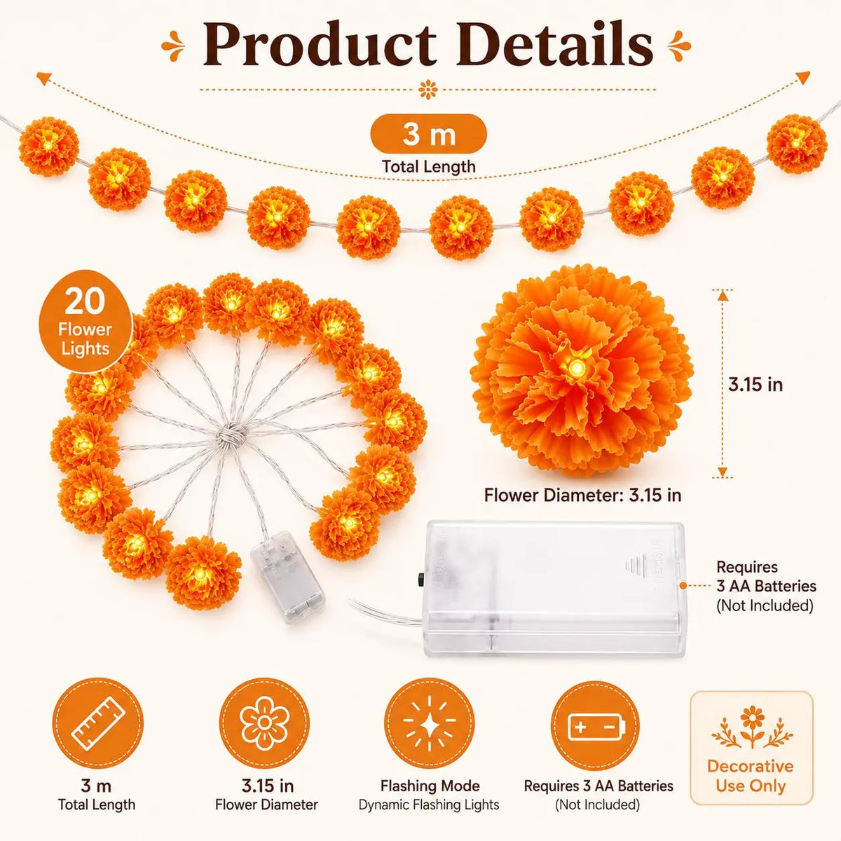 New Arrival 50% OFF! 🌼 Artificial Marigold Flower Led String Light – Perfect For Day Of The Dead & Halloween, 20 Leds. Create A Festive Altar Or Spooky Porch! 🕯️🎃🧡