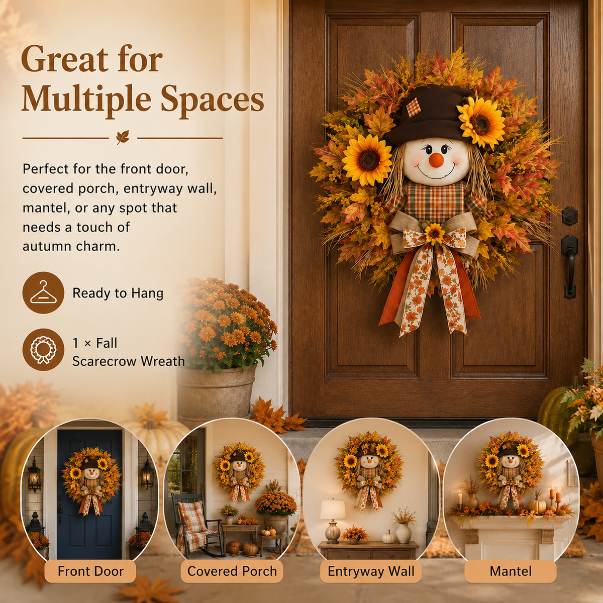 🔥🍁 Fall Favorite – Lighted Scarecrow Front Door Wreath (🔥With lights)