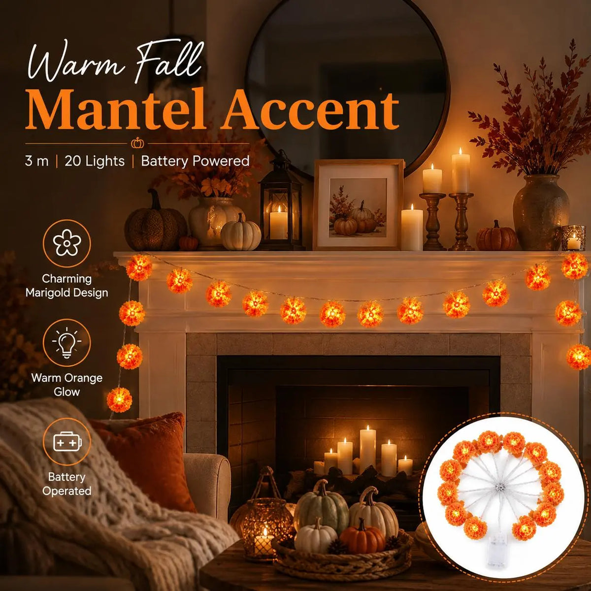 New Arrival 50% OFF! 🌼 Artificial Marigold Flower Led String Light – Perfect For Day Of The Dead & Halloween, 20 Leds. Create A Festive Altar Or Spooky Porch! 🕯️🎃🧡