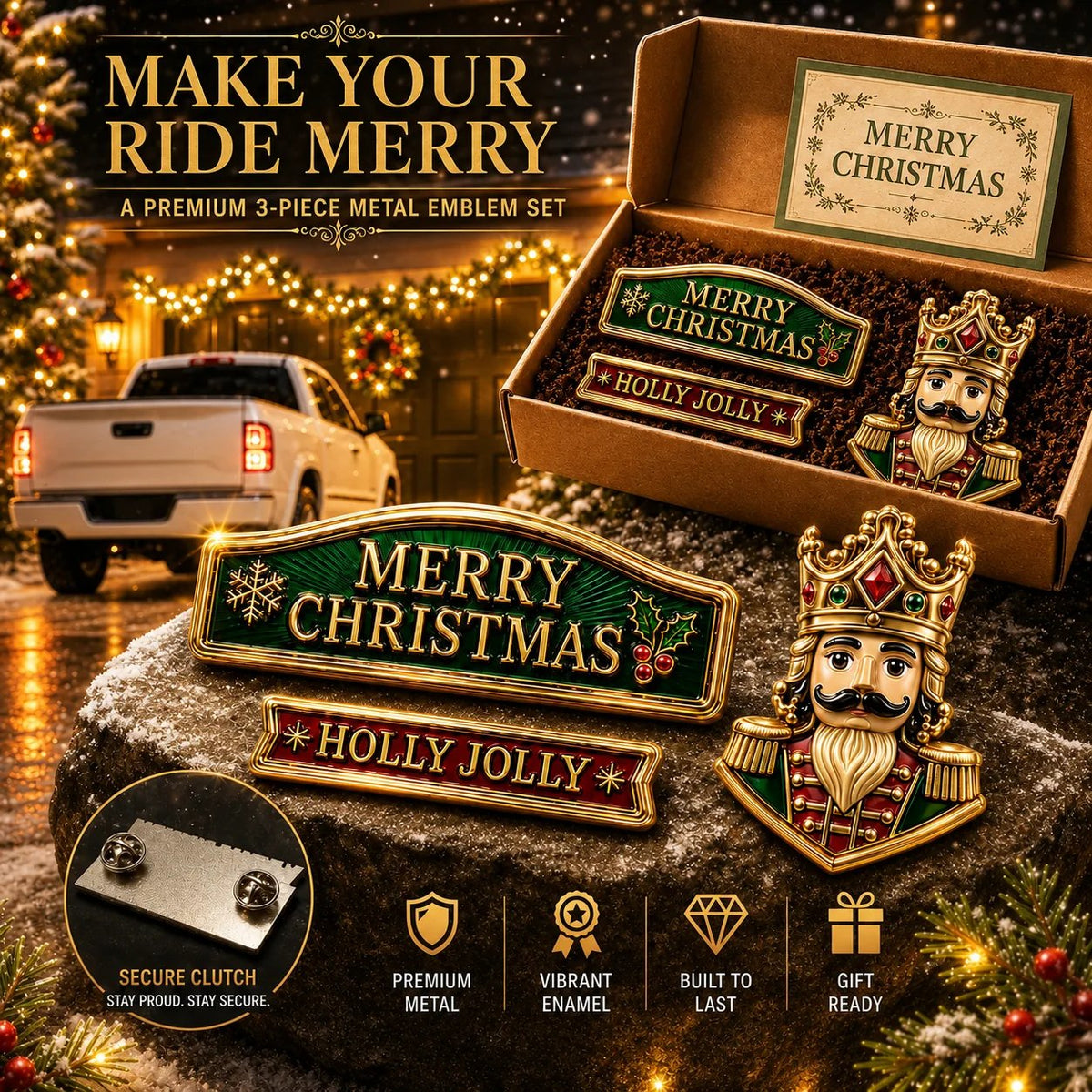 🔥 50K+ SOLD – 🎄 3-Piece Christmas Car Emblem Metal Badge Set | 3D Enamel Holiday Badges with Adhesive Backing for Trucks, SUVs & Festive Gifts 🎅✨