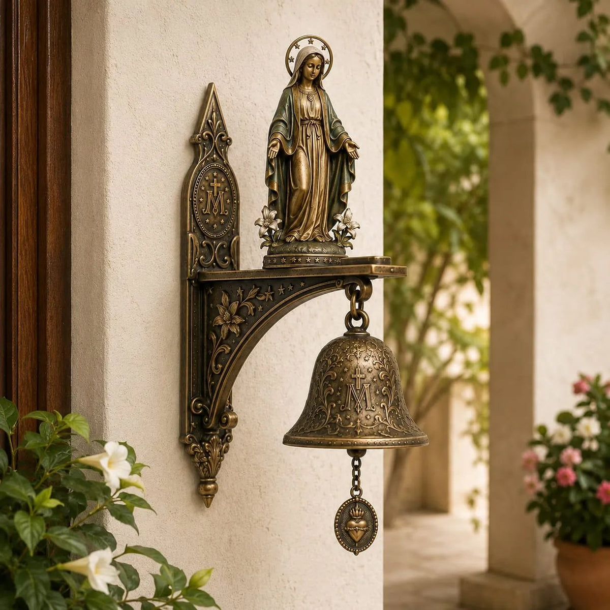 Our Lady of Grace Bronze Miraculous Medal Wall Bell | 🙏Catholic Religious Home & Garden Decor"✨