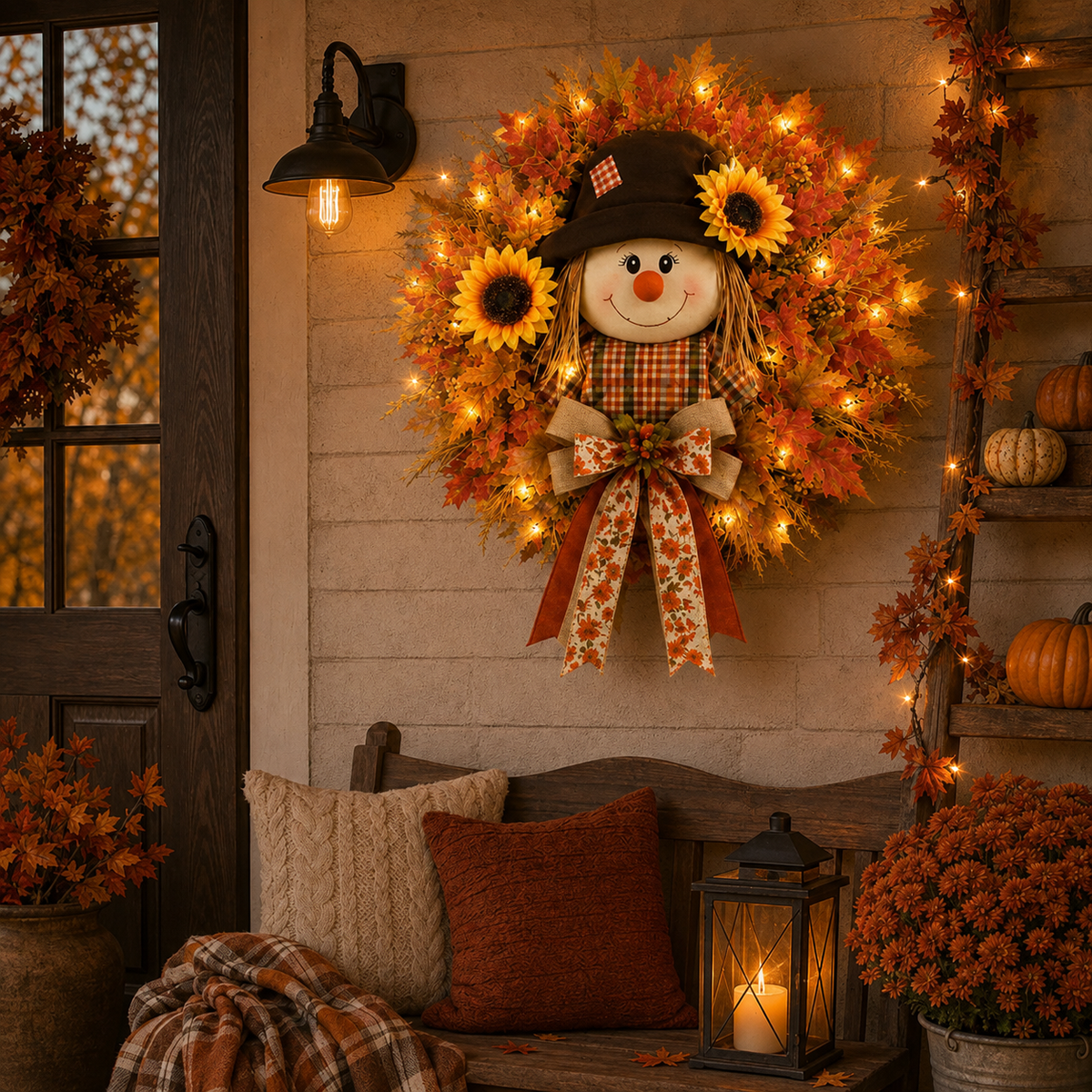 🔥🍁 Fall Favorite – Lighted Scarecrow Front Door Wreath (🔥With lights)