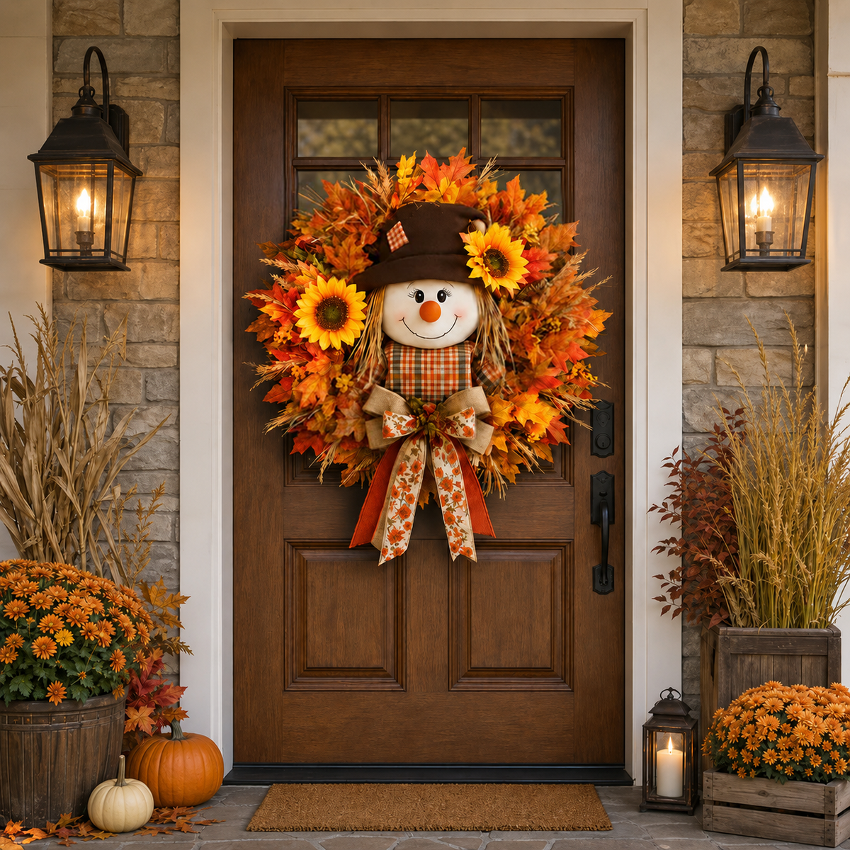 🔥🍁 Fall Favorite – Lighted Scarecrow Front Door Wreath (🔥With lights)