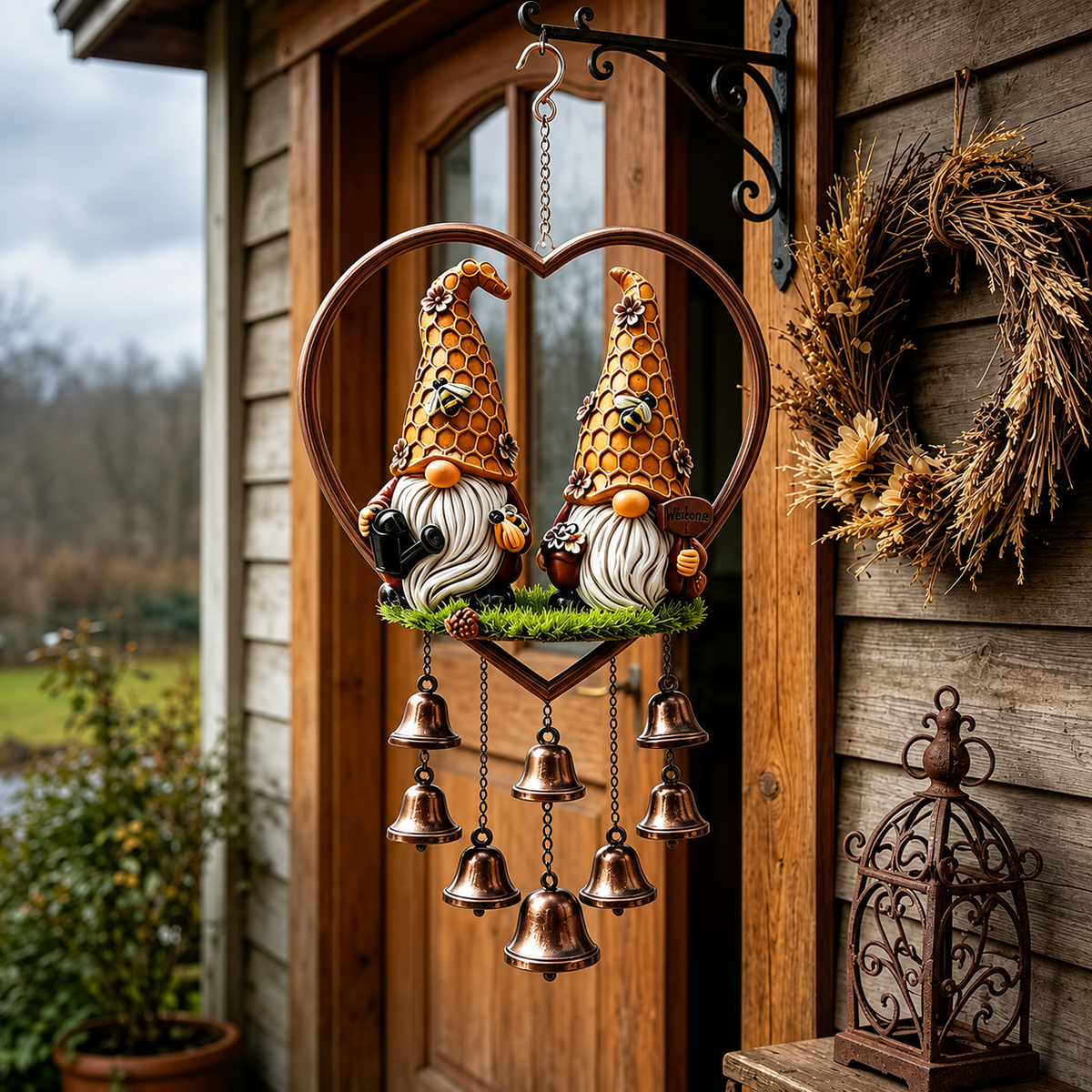 Heart-Shaped Couple Wind Chime – Cardinal & Honeybee Gnome Outdoor Hanging Decor