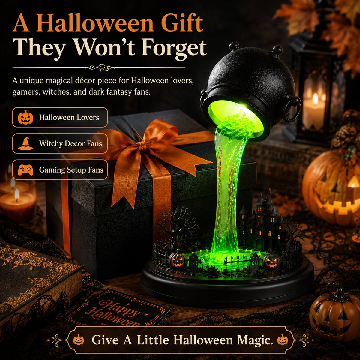 🔥 LAST DAY 49% OFF – 🧙‍♀️ Glowing Witch Cauldron Desk Lamp | Spilling Green Magic Light with Haunted Castle, Pumpkins & Gothic Halloween Vibes 🧪✨