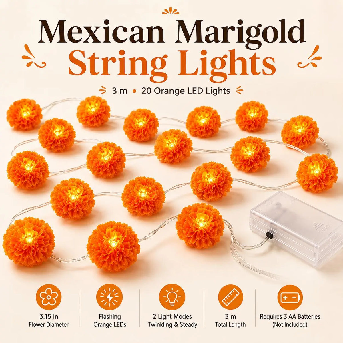 New Arrival 50% OFF! 🌼 Artificial Marigold Flower Led String Light – Perfect For Day Of The Dead & Halloween, 20 Leds. Create A Festive Altar Or Spooky Porch! 🕯️🎃🧡