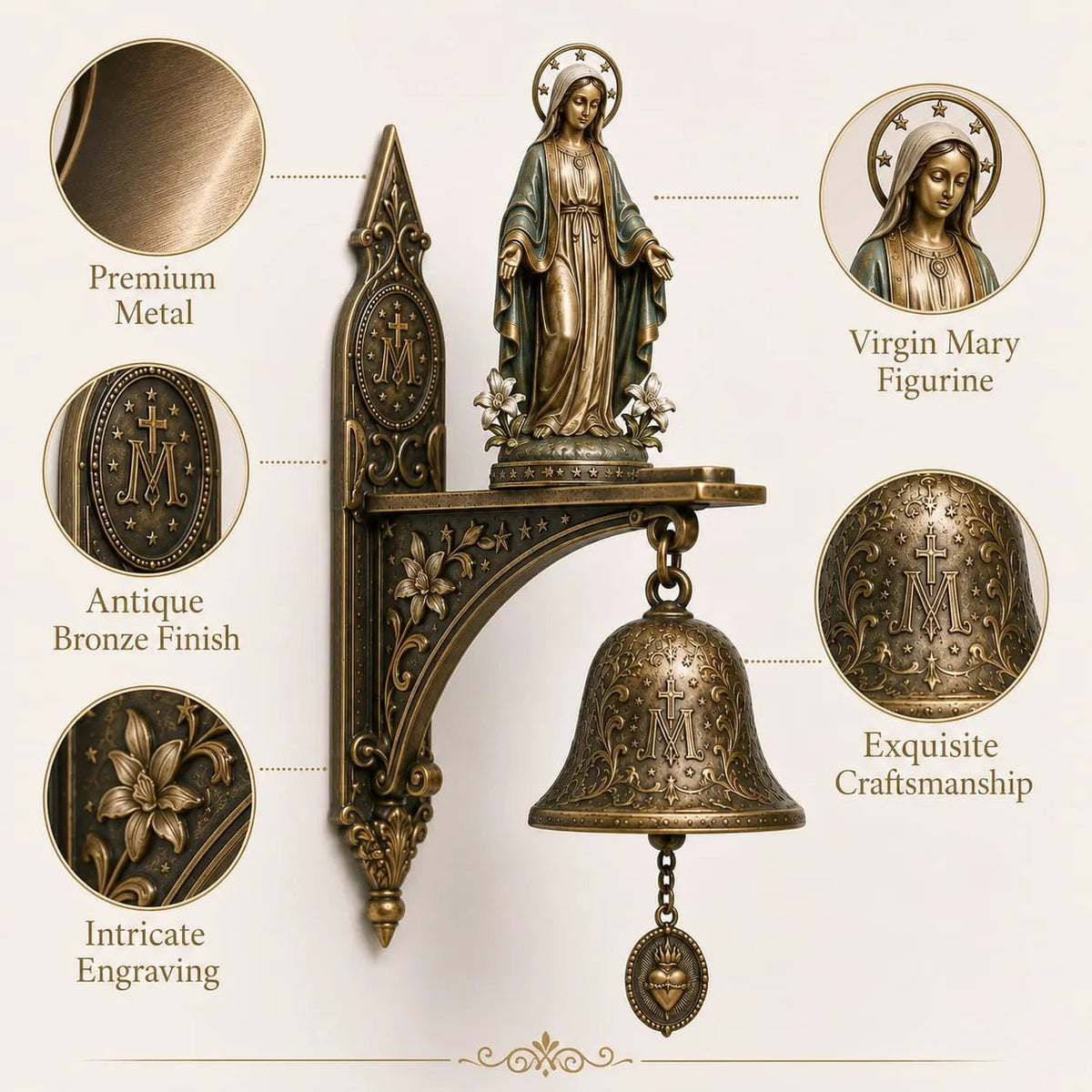 Our Lady of Grace Bronze Miraculous Medal Wall Bell | 🙏Catholic Religious Home & Garden Decor"✨