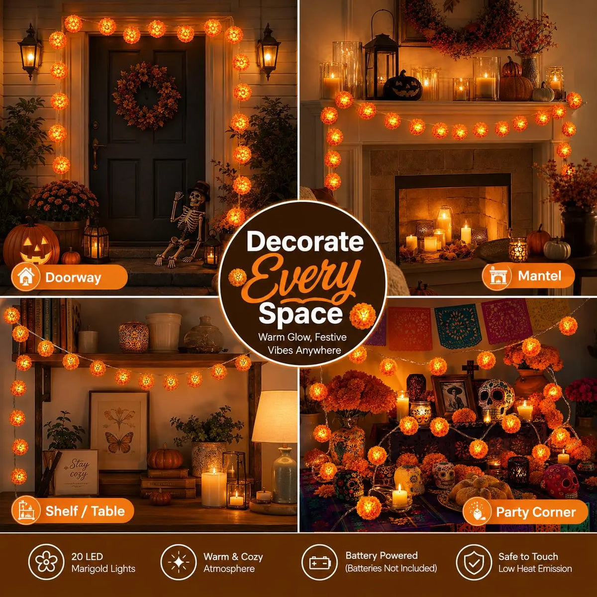 New Arrival 50% OFF! 🌼 Artificial Marigold Flower Led String Light – Perfect For Day Of The Dead & Halloween, 20 Leds. Create A Festive Altar Or Spooky Porch! 🕯️🎃🧡