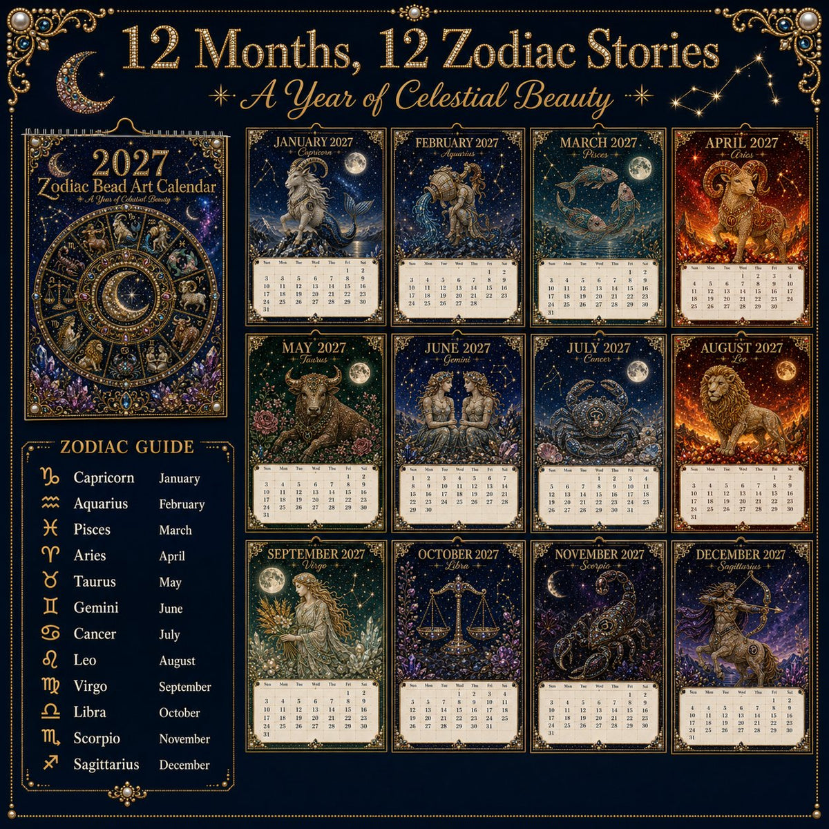 ⏳ Last Day 49% OFF – 🌙 Beginner-Friendly 2027 Twelve Zodiac Bead Art Calendar Kit | Complete Kit with Zodiac Design Base, Decorative Beads & Step-by-Step Guide Included 💕
