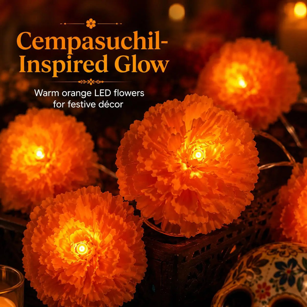 New Arrival 50% OFF! 🌼 Artificial Marigold Flower Led String Light – Perfect For Day Of The Dead & Halloween, 20 Leds. Create A Festive Altar Or Spooky Porch! 🕯️🎃🧡