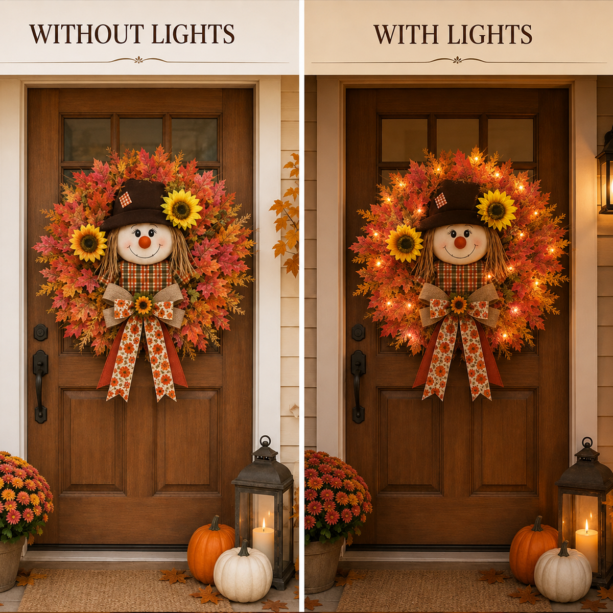 🔥🍁 Fall Favorite – Lighted Scarecrow Front Door Wreath (🔥With lights)