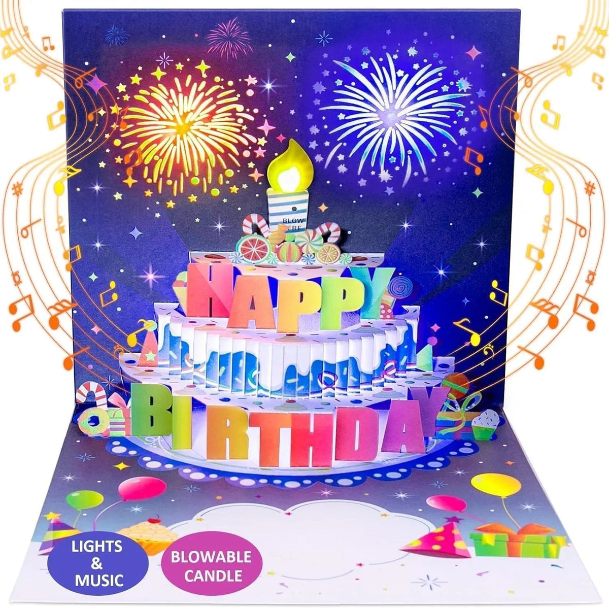 🔥HOT SALE🔥🎂Birthday Cards With Fireworks & Pop Up Cake & Blowable Light and Music