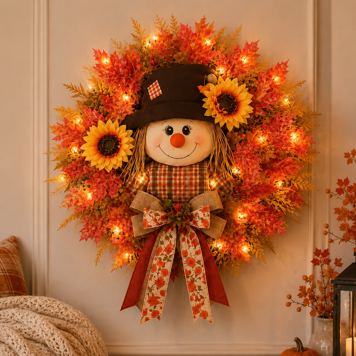 🔥🍁 Fall Favorite – Lighted Scarecrow Front Door Wreath (🔥With lights)