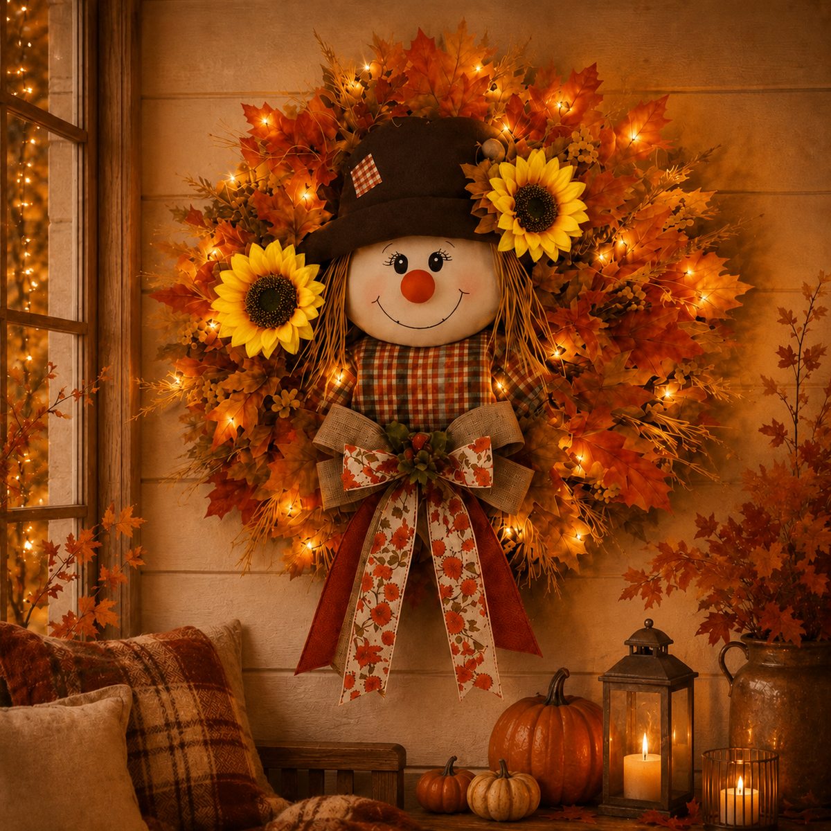 🔥🍁 Fall Favorite – Lighted Scarecrow Front Door Wreath (🔥With lights)