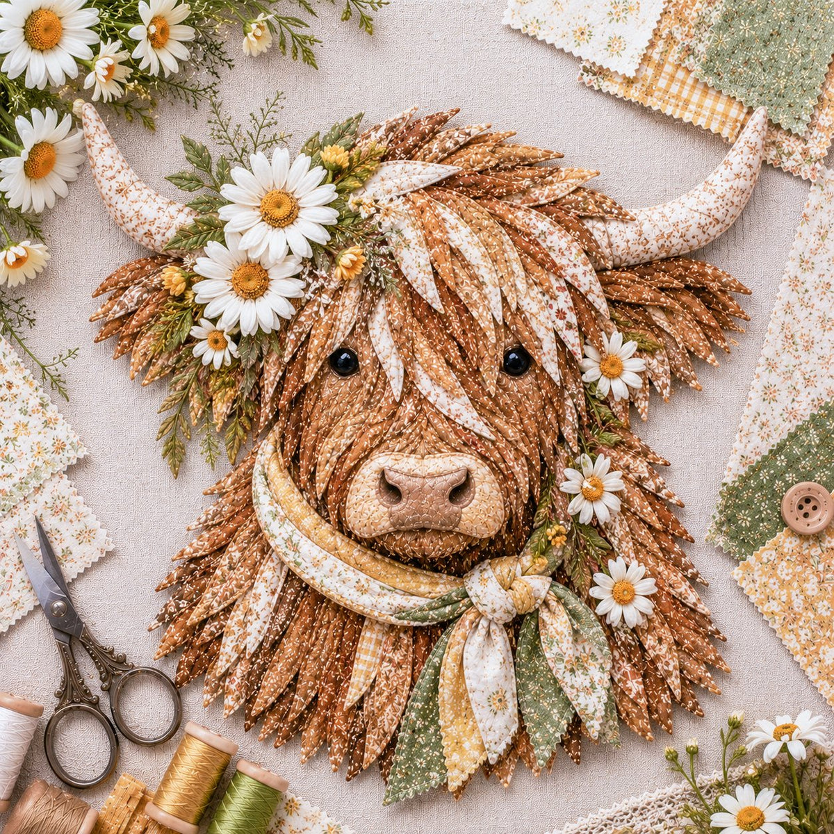 🐮💐🌸 Birth Flower Highland Cow 3D Layered Fabric Art DIY Kit (Beginner-friendly) 🔥