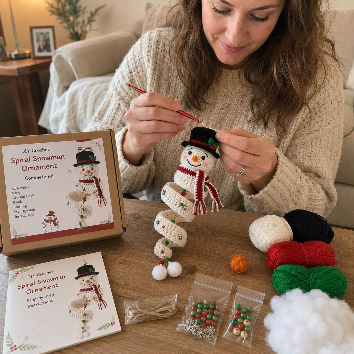 🔥 LAST DAY 49% OFF – ☃️ Crochet Snowman Spiral Ornament DIY Kit | Complete Beginner-Friendly Set with Soft Yarn, Crochet Hook, Festive Beads, Snowflakes & Step-by-Step Guide 🧶🎄✨
