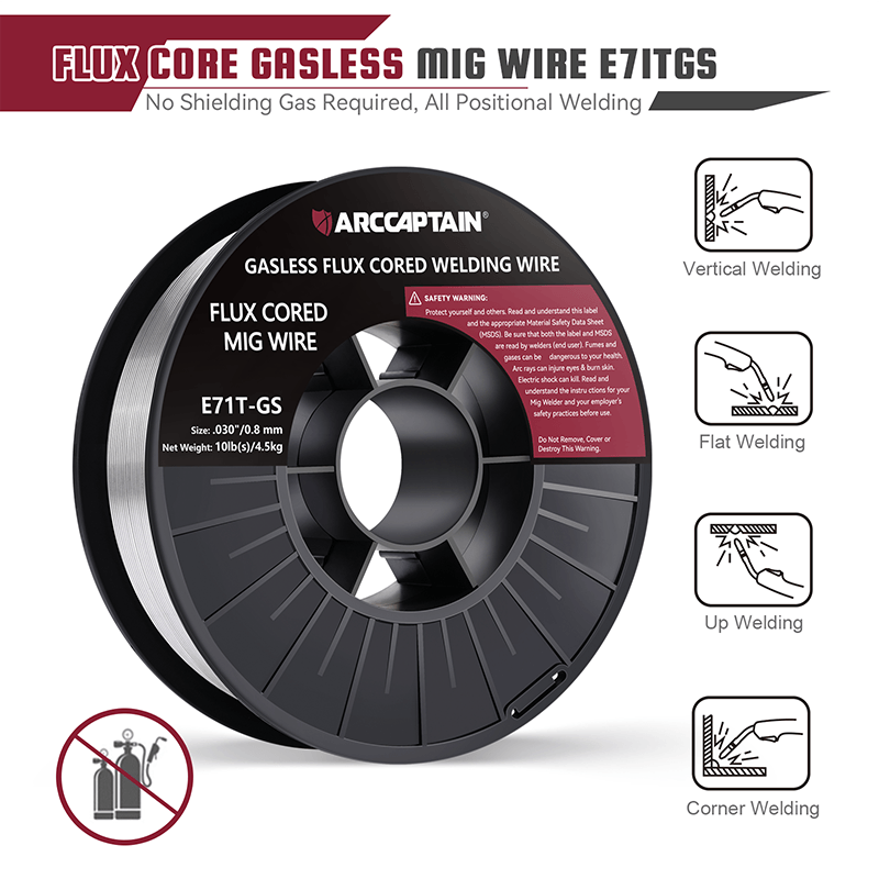 ARCCAPTAIN E71T-GS 10LB Gasless Flux Core Wire, Self-Shielded, All Positions