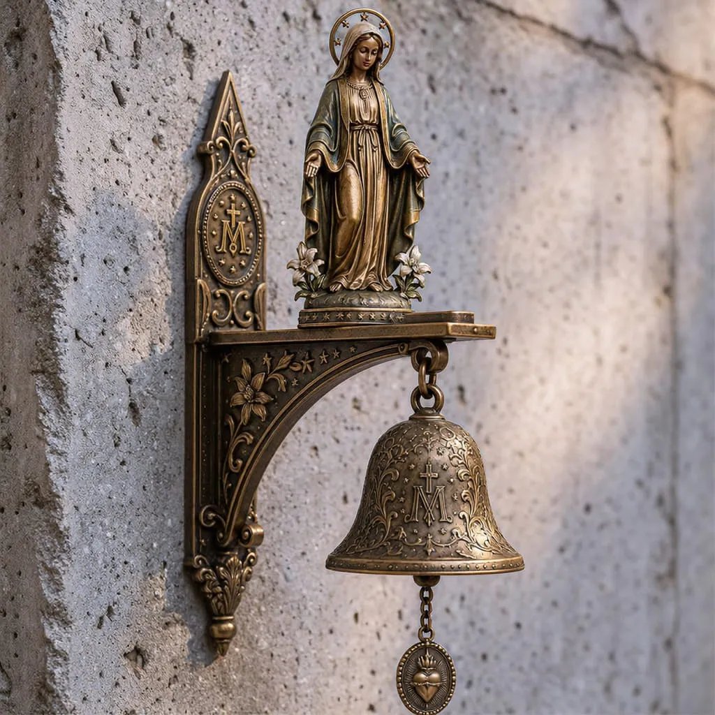Our Lady of Grace Bronze Miraculous Medal Wall Bell | 🙏Catholic Religious Home & Garden Decor"✨