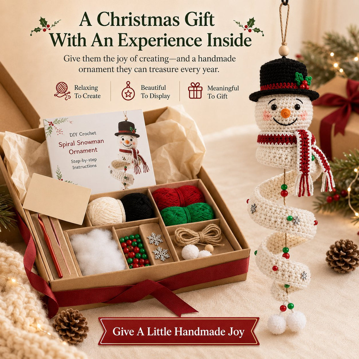 🔥 LAST DAY 49% OFF – ☃️ Crochet Snowman Spiral Ornament DIY Kit | Complete Beginner-Friendly Set with Soft Yarn, Crochet Hook, Festive Beads, Snowflakes & Step-by-Step Guide 🧶🎄✨