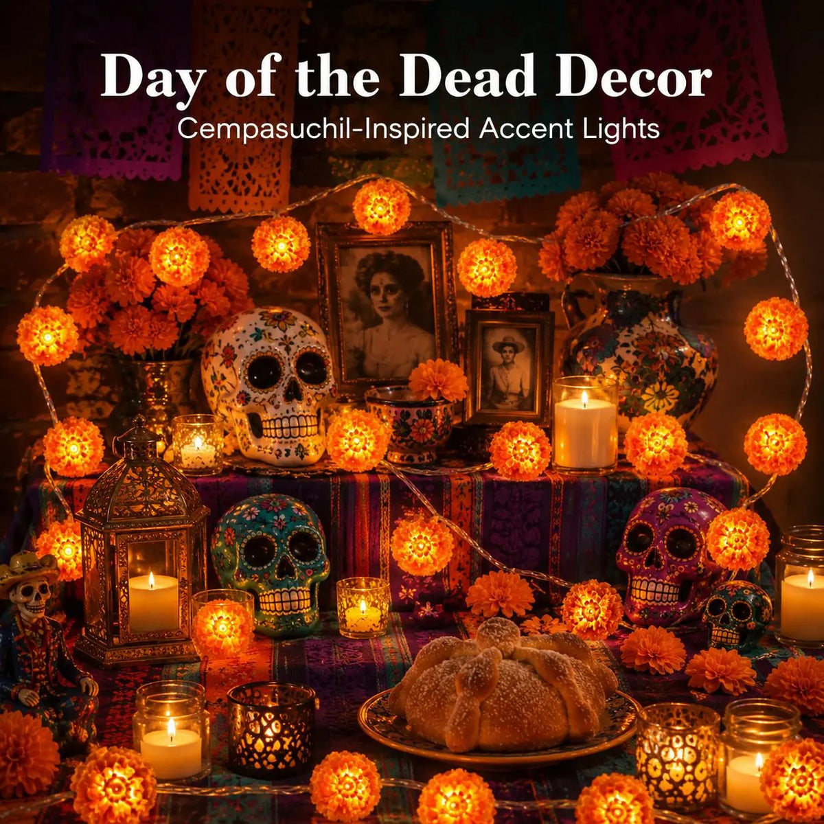 New Arrival 50% OFF! 🌼 Artificial Marigold Flower Led String Light – Perfect For Day Of The Dead & Halloween, 20 Leds. Create A Festive Altar Or Spooky Porch! 🕯️🎃🧡