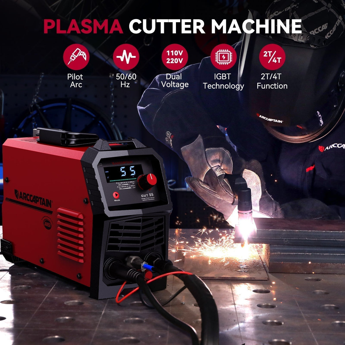 Arccaptain CUT55 LED Pilot Arc Plasma Cutter with Welder Helmet