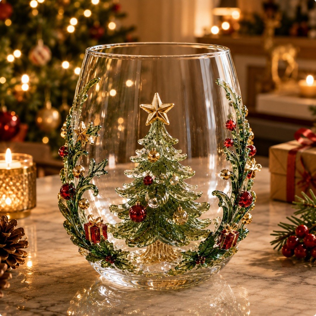 ✨🎅 LAST DAY 49% OFF –🎄 ✨ Magical Christmas 3D Glass Cup | Raised Festive Artwork, Sparkling Details & Holiday Gift Drinkware 🎅💎