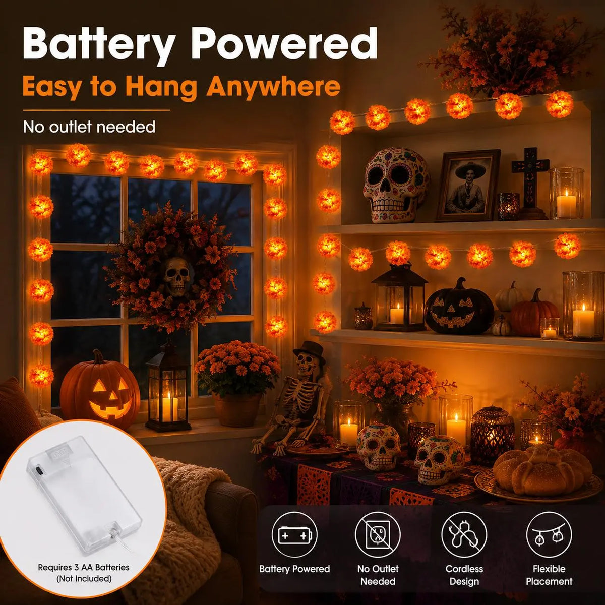 New Arrival 50% OFF! 🌼 Artificial Marigold Flower Led String Light – Perfect For Day Of The Dead & Halloween, 20 Leds. Create A Festive Altar Or Spooky Porch! 🕯️🎃🧡