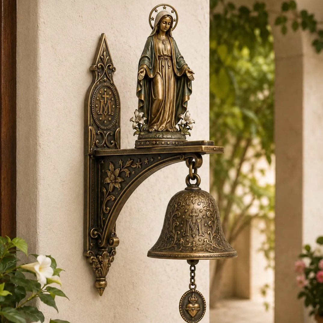 Our Lady of Grace Bronze Miraculous Medal Wall Bell | 🙏Catholic Religious Home & Garden Decor"✨