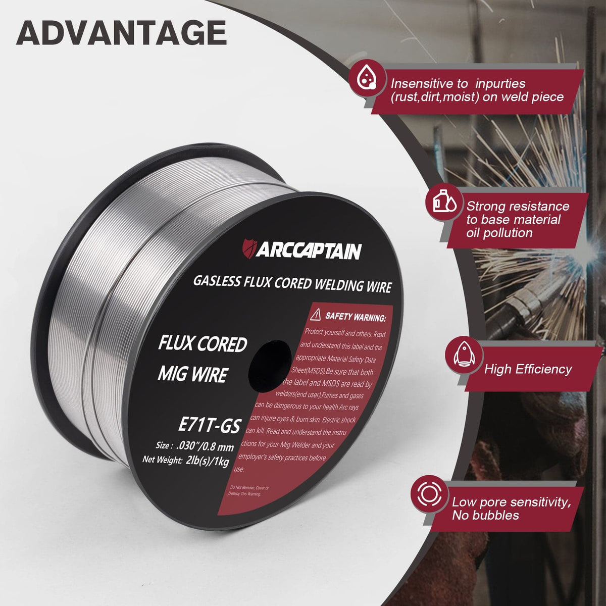 Arccaptain ‎E71T-GS Flux Core Wire 2 Lbs Spool Gasless Carbon Steel MIG Wire